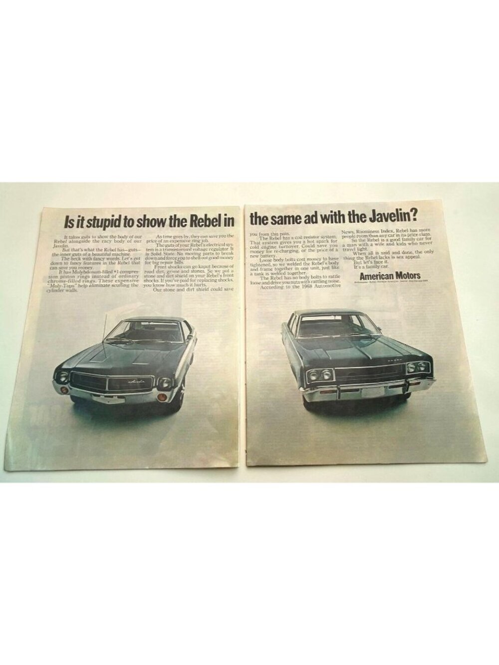 1968 American Motors Rebel and Javelin Vintage Print Ad 1960s Classic Auto Car
